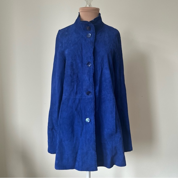 Bottega Giotti Blue Suede Leather Reversible Long Jacket Ruffle Trim EUC 46/10 - Picture 1 of 15